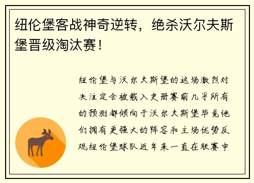 纽伦堡客战神奇逆转，绝杀沃尔夫斯堡晋级淘汰赛！