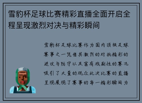 雪豹杯足球比赛精彩直播全面开启全程呈现激烈对决与精彩瞬间